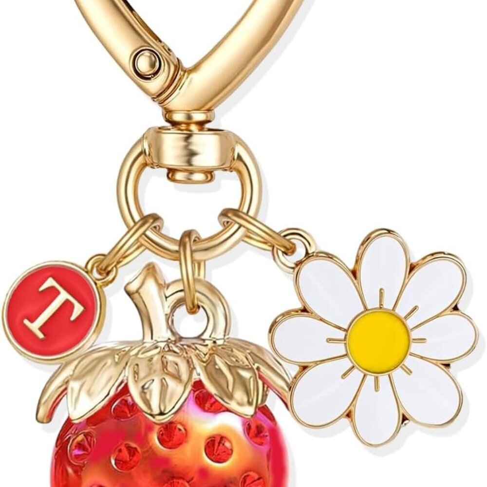 Initial Cherry Strawberry letter KeyChain Bag Charms, Kawaii Flower Daisy Keycha